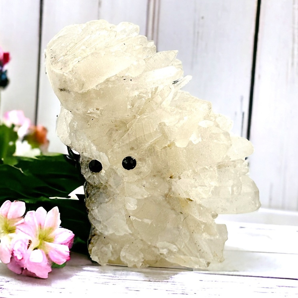 Owl Hand Carved Natural Quartz Healing Crystal Geode